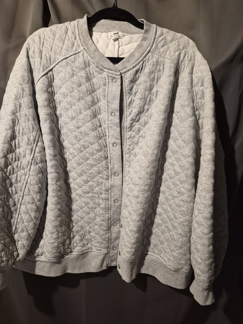 aerie Quilted Snap-Front Bomber Jacket in Light Gray
